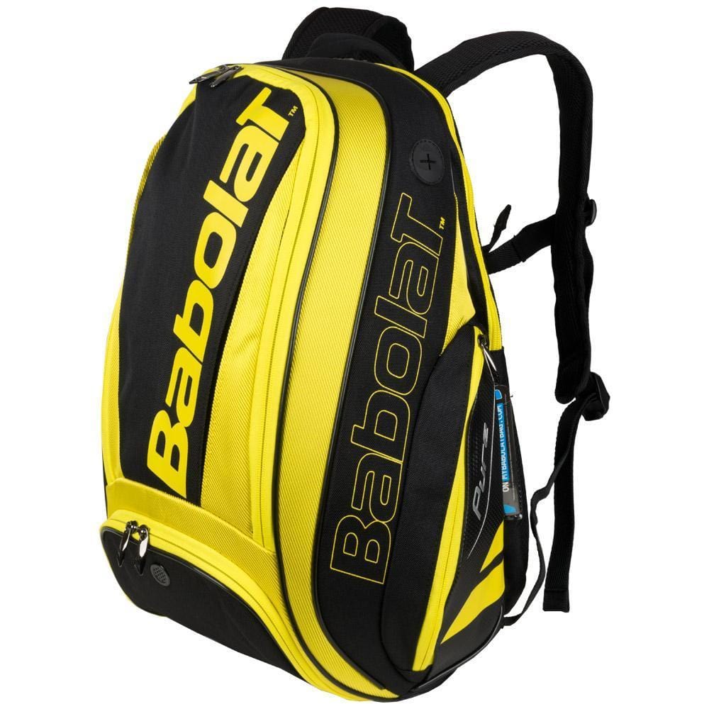 The Babolat Pure Aero Backpack - Yellow/Black is a stylish racket bag featuring multiple compartments, including a ventilated section and a small zippered pocket at the bottom. It ensures comfort with adjustable shoulder straps, while prominently displaying the Babolat brand logo and name.