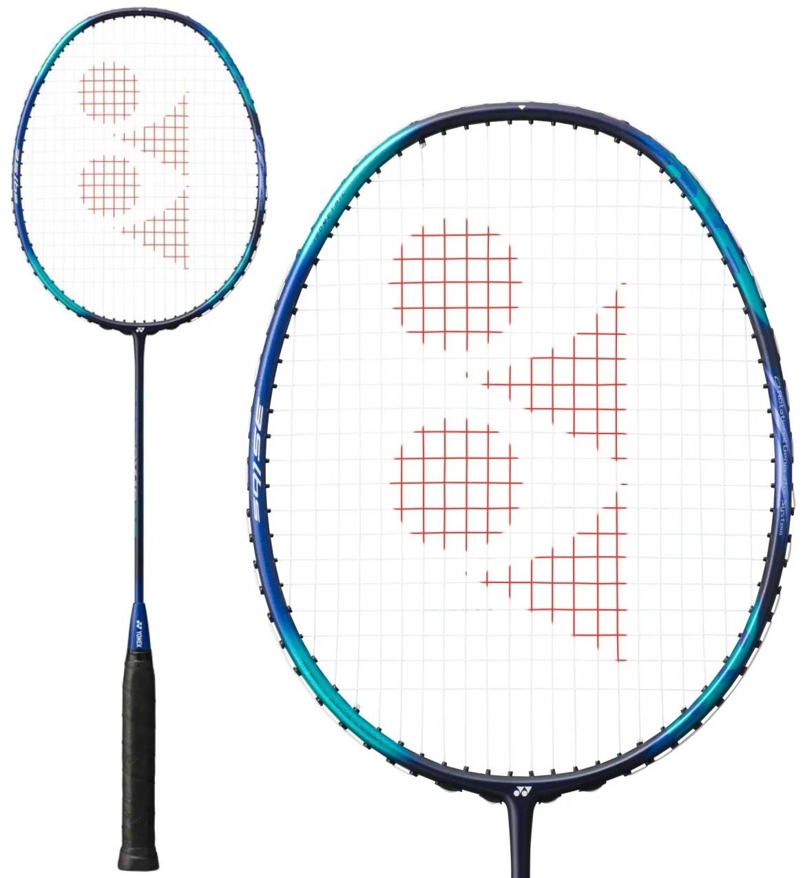 A detailed view of a Yonex Astrox 10 DG 4U badminton racket highlights its navy blue and turquoise design, complemented by a black handle. The head-heavy balance is apparent, accentuated by the red triangular patterns on the strings.