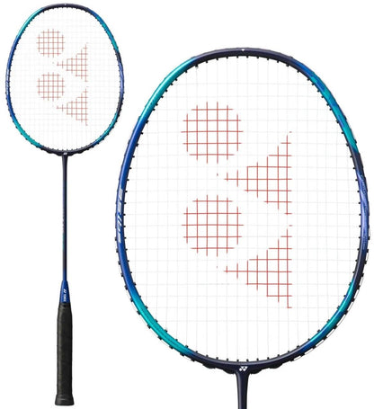 A detailed view of a Yonex Astrox 10 DG 4U badminton racket highlights its navy blue and turquoise design, complemented by a black handle. The head-heavy balance is apparent, accentuated by the red triangular patterns on the strings.