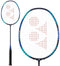 A detailed view of a Yonex Astrox 10 DG 4U badminton racket highlights its navy blue and turquoise design, complemented by a black handle. The head-heavy balance is apparent, accentuated by the red triangular patterns on the strings.