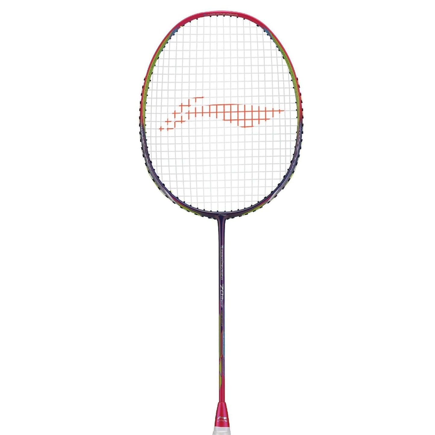 The Li-Ning Turbo Charging 70 Boost 3U Badminton Racket (Unstrung) features a multicolored frame with red and orange strings against a white background, ensuring exceptional aerodynamic efficiency.