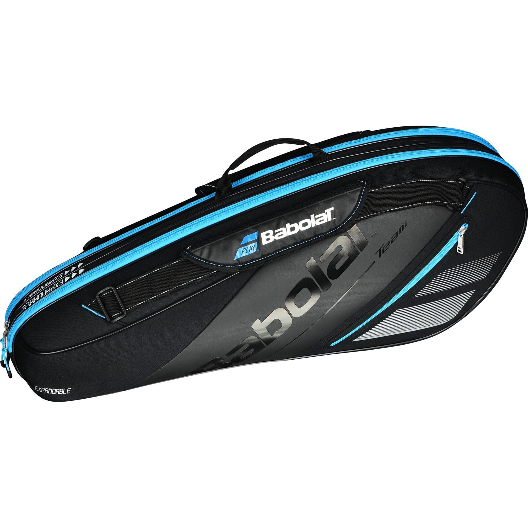 The Babolat Expand Team Badminton Racket Bag in black and blue features multiple compartments and a comfortable carry handle. With the striking Babolat brand logo and "Team" displayed on the side, this versatile bag is designed to hold multiple rackets along with essential badminton accessories.