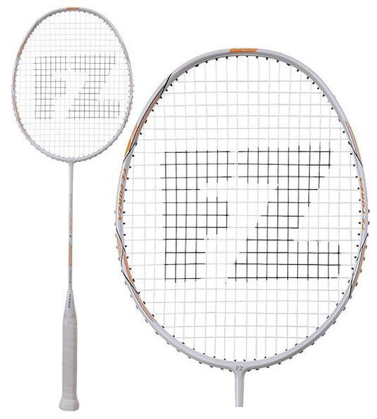 The FZ Forza Nano Light 6 Badminton Racket, produced by FZ Forza, showcases a sleek white frame constructed from Ultra High Modulus Graphite. Its distinctive string pattern spells out "FZ," and the handle is wrapped in white grip tape to provide excellent control. Displayed in both side and front views, this racket seamlessly combines performance with style.