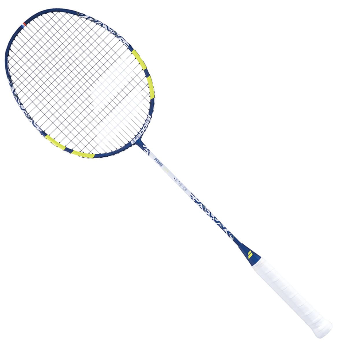 The image showcases the Babolat Prime Lite Badminton Racket in yellow, highlighted by its blue and white frame with distinctive yellow accents and a white handle. Equipped with Shot Optimizer technology and featuring a 20x21 stringing pattern for enhanced precision, the tightly woven strings make it ideal for gameplay. The racket is artfully positioned diagonally against a white background.