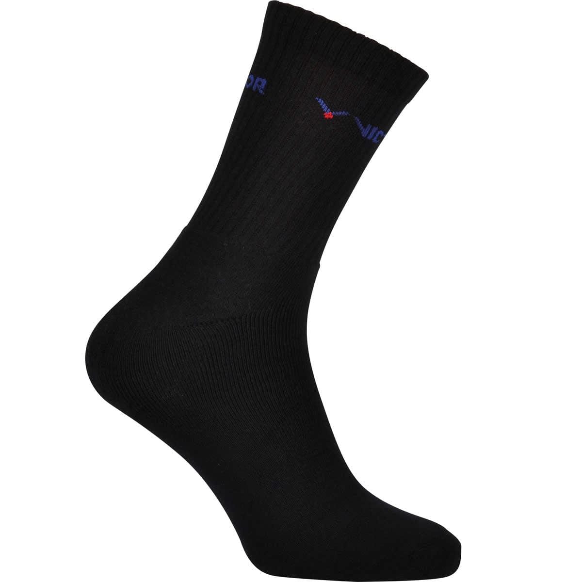 The Victor Badminton Indoor Sport 3000 - Black Socks by Victor is a single black crew sock with a ribbed cuff, designed with seamless construction to enhance comfort. It is displayed against a white background, highlighting the small blue and red logo near the top.