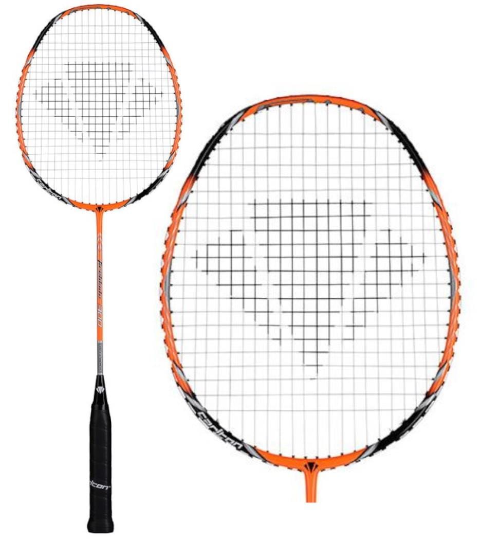 Meet the Carlton Fireblade 300 Badminton Racket by Carlton, featuring a striking orange and black design. Constructed from Japanese HM Carbon, it showcases a refined black handle and strings interlaced in a delicate triangular pattern within the orange frame. It is artistically presented in both side and front views.