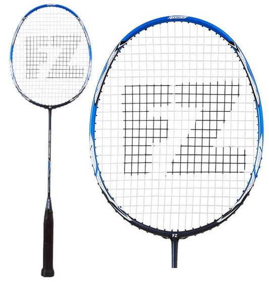 Introducing the FZ Forza HT Power 34 Badminton Racket - Black / Blue. This racket boasts a stylish blue and black frame, complemented by FZ Forza's branded design on the strings. Equipped with high-tension strings, it delivers exceptional power with every swing. Its handle features a black, smooth grip for comfortable play. The product images showcase both the full view of the racket and a detailed close-up of its head.