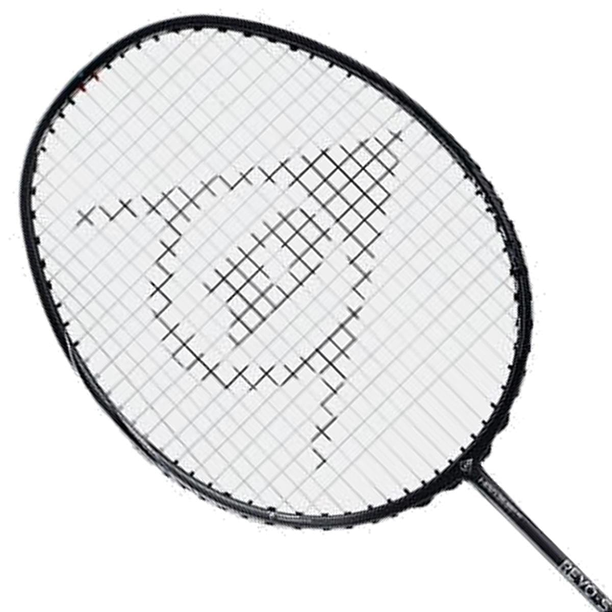 Close-up of the Dunlop Revo Star Drive 83 Badminton Racket - Black, featuring a black frame crafted from High Modulus Graphite and showcasing a unique string pattern with intersecting lines. The handle and Power Grommet System are partially visible, enhancing both performance and style.