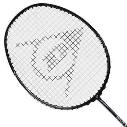 Close-up of the Dunlop Revo Star Drive 83 Badminton Racket - Black, featuring a black frame crafted from High Modulus Graphite and showcasing a unique string pattern with intersecting lines. The handle and Power Grommet System are partially visible, enhancing both performance and style.