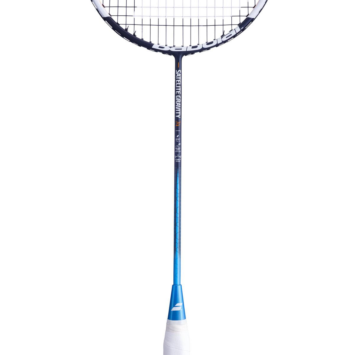 The Babolat Satelite Gravity 74 Badminton Racket in blue and white boasts ultra-lightweight construction and features white stringing, with the Babolat branding text on its shaft. The handle is wrapped in a comfortable white grip tape. Designed for defensive players, its sleek and modern design enhances agility and precision on the court.