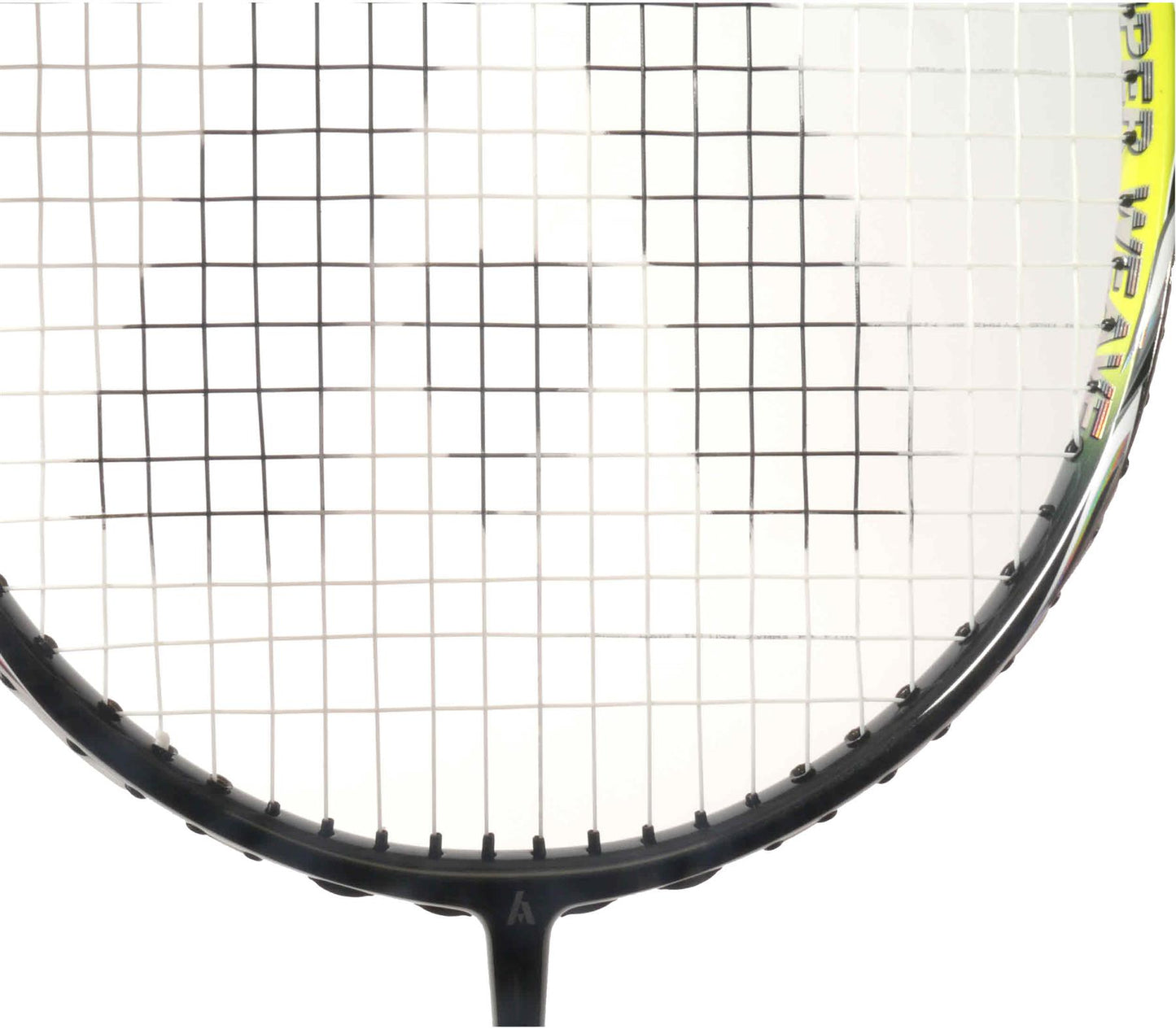 Close-up of the Ashaway Viper XT-6000 badminton racket's head, featuring a black frame and tightly strung netting. The strings form a grid pattern, showcasing the balanced design. Part of Ashaway's branding is visible along the edge. The background is plain white.