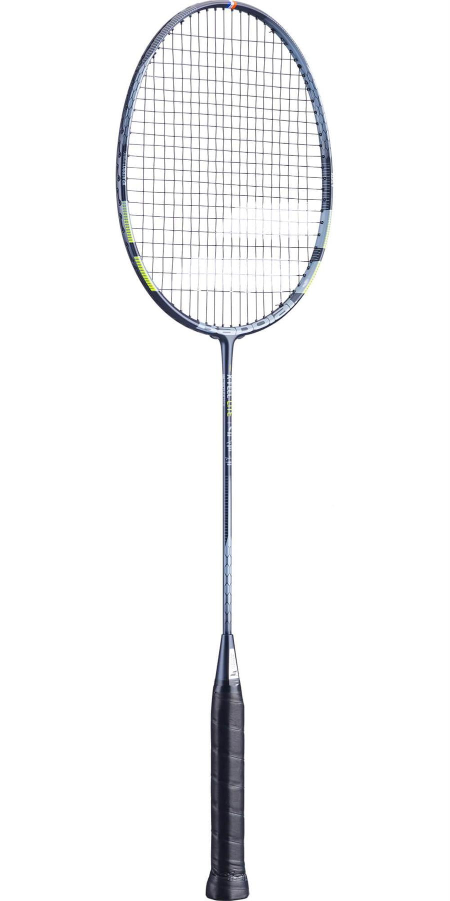 The Babolat X Feel Lite Badminton Racket in Blue Grey showcases a sleek, modern design with a dark handle and netted oval head. Its slim shaft seamlessly links the handle to the head, incorporating Babolat's X-Feel Lite technology. The dark coloration is beautifully complemented by subtle accents and features a head light balance for precision play.