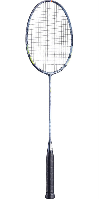 The Babolat X Feel Lite Badminton Racket in Blue Grey showcases a sleek, modern design with a dark handle and netted oval head. Its slim shaft seamlessly links the handle to the head, incorporating Babolat's X-Feel Lite technology. The dark coloration is beautifully complemented by subtle accents and features a head light balance for precision play.