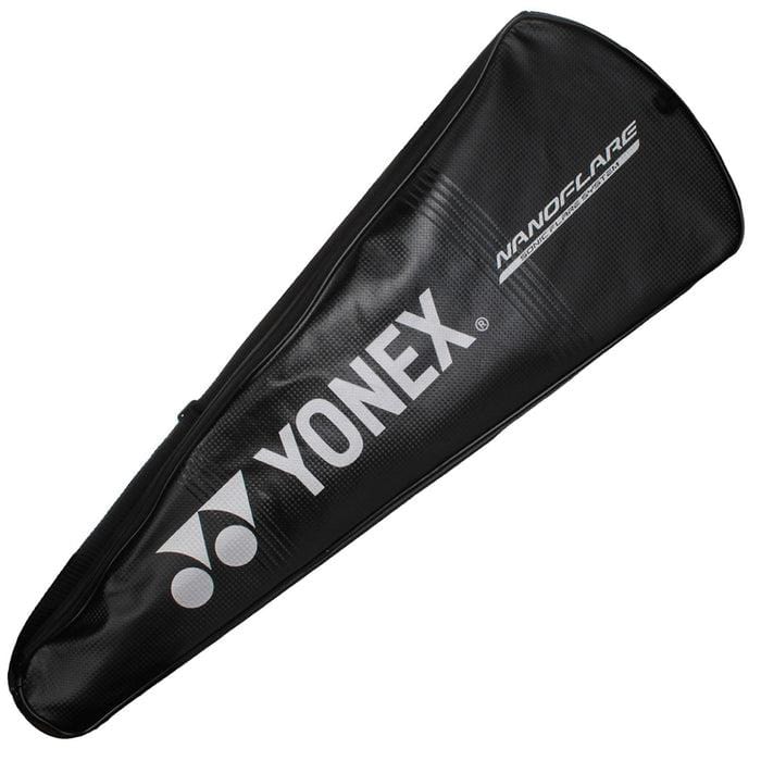 The black Yonex badminton racket bag features the brand's logo in white. It has a triangular design with a zipper running along its length and includes the words "Rapid Speed Attack" in sleek white text on one side.