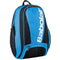 Introducing the Babolat Pure Drive Backpack in Light Blue/Black, a stylish and functional design featuring multiple zippered, ventilated compartments. Complete with the iconic Babolat logo on the front, this athletic racket bag is ideal for transporting sports gear efficiently.