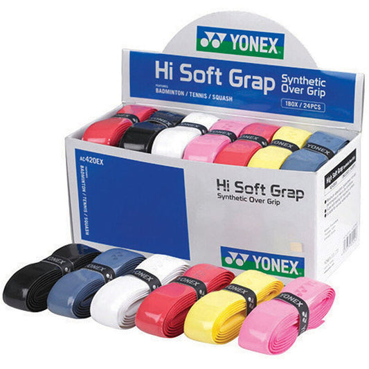 The Yonex AC420EX Hi-Soft Grap Full Replacement Badminton Grips come in a pack of 24, featuring super tack technology for better sweat absorption. These grips are available in various colors, such as pink, red, and blue, and are neatly organized in rows. Ideal for fans of badminton, tennis, and squash.