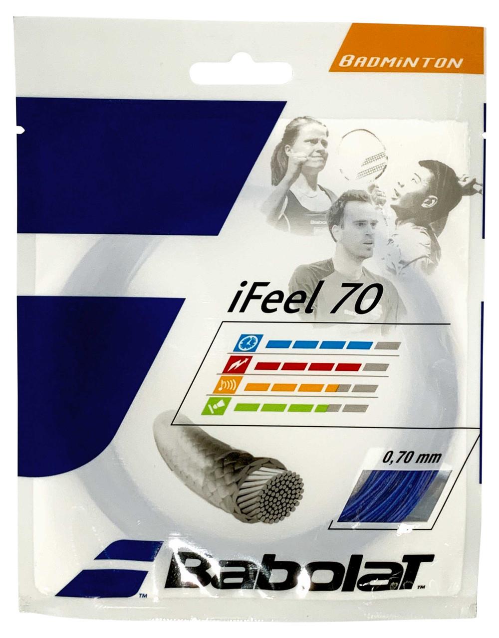 A package of the Babolat iFeel 70 Badminton 10m String Set in blue, with a gauge of 0.70mm for enhanced durability, features graphics of people playing badminton, a close-up of the string texture, and detailed specifications. The brand name "Babolat" is prominently displayed at the bottom.