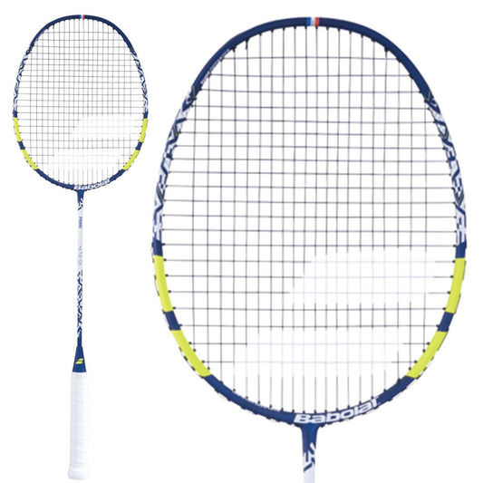 A Babolat Prime Lite badminton racket in yellow, featuring Shot Optimizer technology for enhanced play, showcasing a white handle with blue and yellow accents. Its taut 20x21 stringing pattern offers exceptional control, while the brand logo is prominently displayed. The main image showcases the racket's face, with a side profile featured on the left.