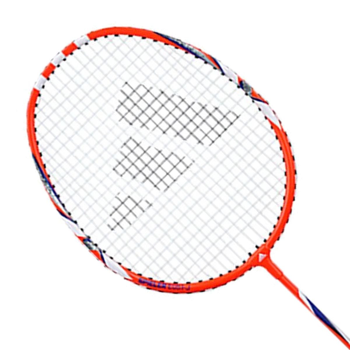 Close-up of the Adidas Spieler E-Series E05.1 Junior Badminton Racket featuring a red frame and white strings, highlighted by a gray triangular pattern. Tailored for young players, the handle is adorned with a partial red wrap. The lightweight aluminum design contrasts strikingly against the white background.