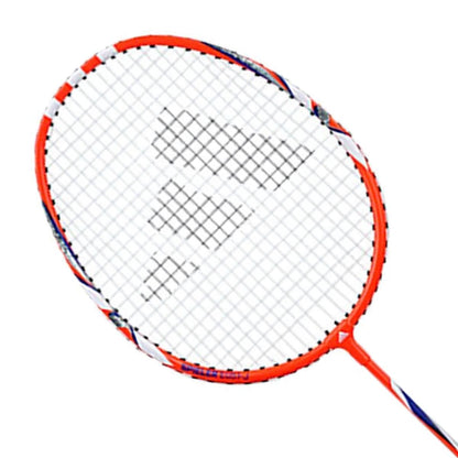 Close-up of the Adidas Spieler E-Series E05.1 Junior Badminton Racket featuring a red frame and white strings, highlighted by a gray triangular pattern. Tailored for young players, the handle is adorned with a partial red wrap. The lightweight aluminum design contrasts strikingly against the white background.