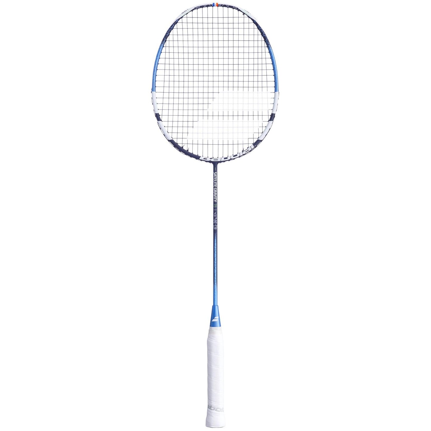 Introducing the Babolat Satelite Gravity 78 Badminton Racket - Blue, a product of Babolat, renowned for its ultra-light design. It boasts a sleek white grip, a slim blue shaft, and a circular stringed head enhanced with SLIM T technology for exceptional maneuverability, all showcased against a plain white background.