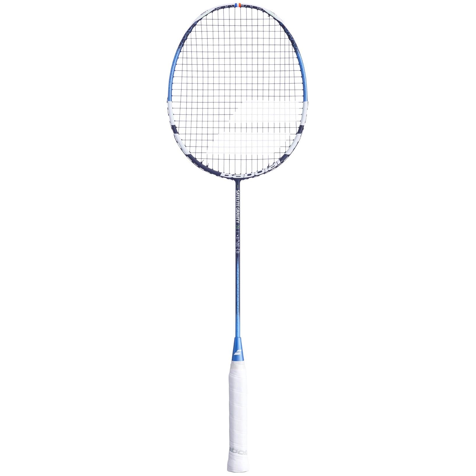 Introducing the Babolat Satelite Gravity 78 Badminton Racket - Blue, a product of Babolat, renowned for its ultra-light design. It boasts a sleek white grip, a slim blue shaft, and a circular stringed head enhanced with SLIM T technology for exceptional maneuverability, all showcased against a plain white background.