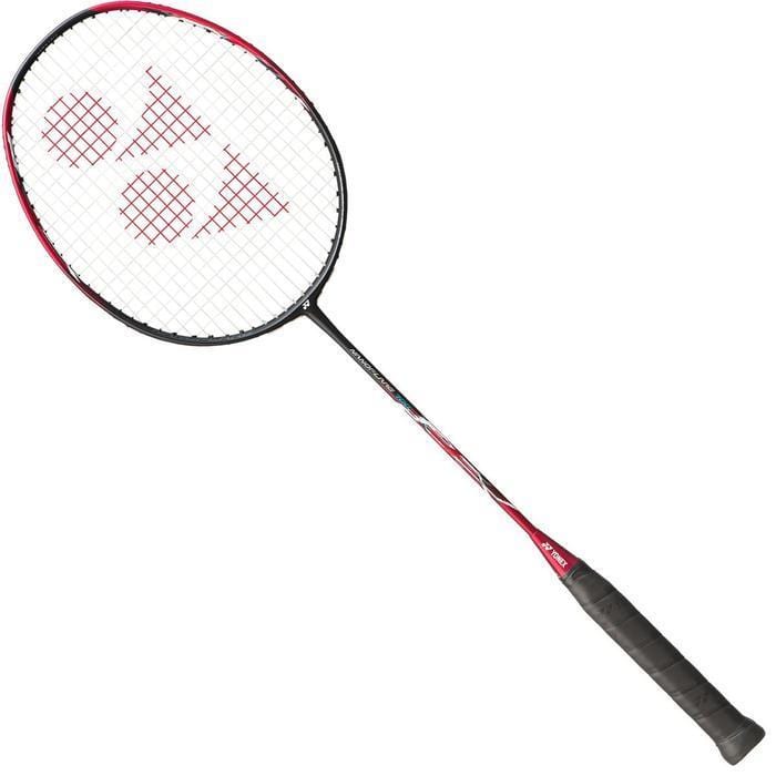 Unleash your attack with the Yonex Nanoflare 700 5U Badminton Racket - Red, featuring a dynamic red and black design. The secure black grip handle offers stability, while the striking red logo on the string bed enhances both power and style.