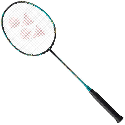 The Yonex Astrox 88S Pro Badminton Racket, in its Emerald Blue variant, boasts a turquoise frame with a black grip and features a red logo on the strings. Its sleek, lightweight design includes the innovative Rotational Generator System, making it ideal for dynamic gameplay.