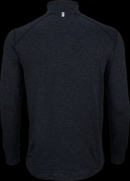 The Victor Badminton Longsleeve Black Melánge5929 Top is shown from the back, made with lightweight fabric. It features a high collar and a subtle heathered texture. A small white Victor logo with two vertical lines is centered just below the collar.