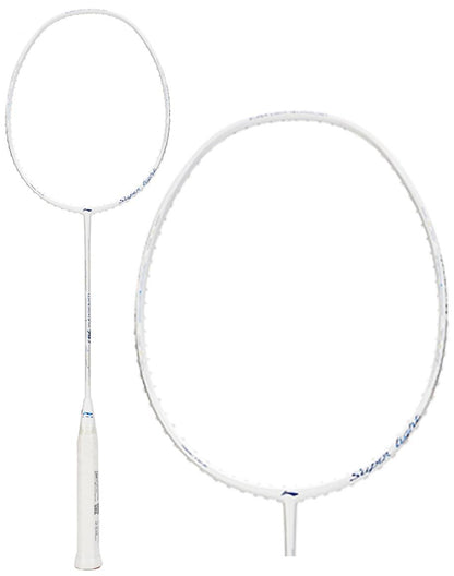 This Li-Ning Windstorm 79S Badminton Racket in white features a slim frame and grip, crafted for a head heavy balance. The image presents both the full view and a close-up of the lightweight racket's head, with the brand name Li-Ning subtly displayed along the frame against a plain white background.