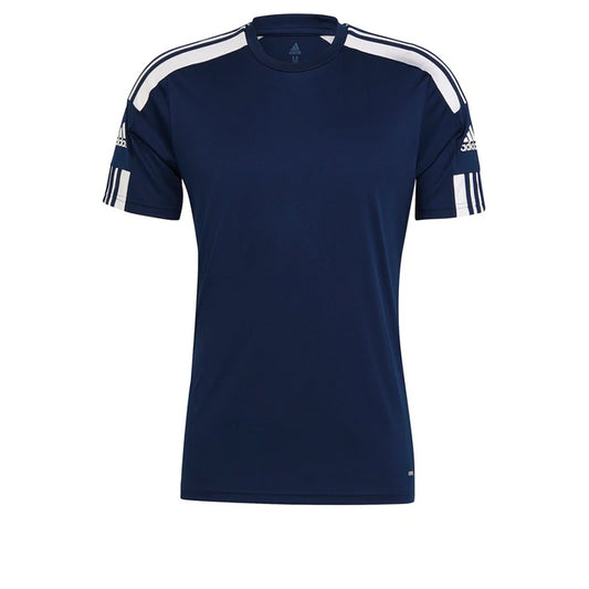 The navy blue Adidas Squadra 21 Mens Jersey T-Shirt showcases white stripes on the shoulders and arms, along with a subtle logo on the chest and sleeves. Enjoy increased comfort with Aeroready Technology designed to keep you cool and dry in any activity.