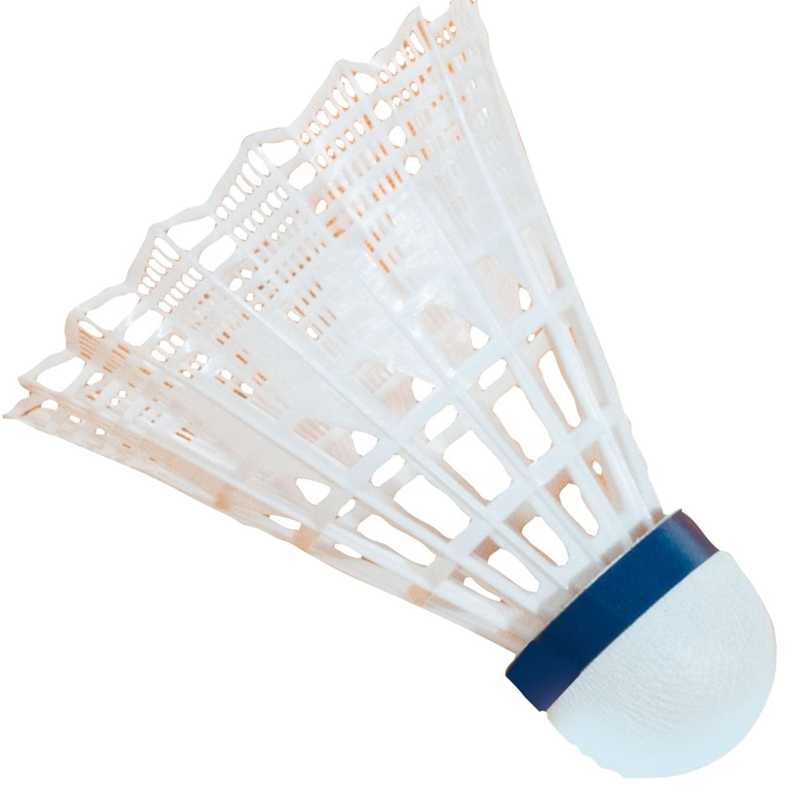 The VICTOR 2000 Nylon White Badminton Shuttlecock by Victor, adorned with a blue band and intricate lattice patterns on its skirt, is crafted from Portuguese cork and set against a plain background.