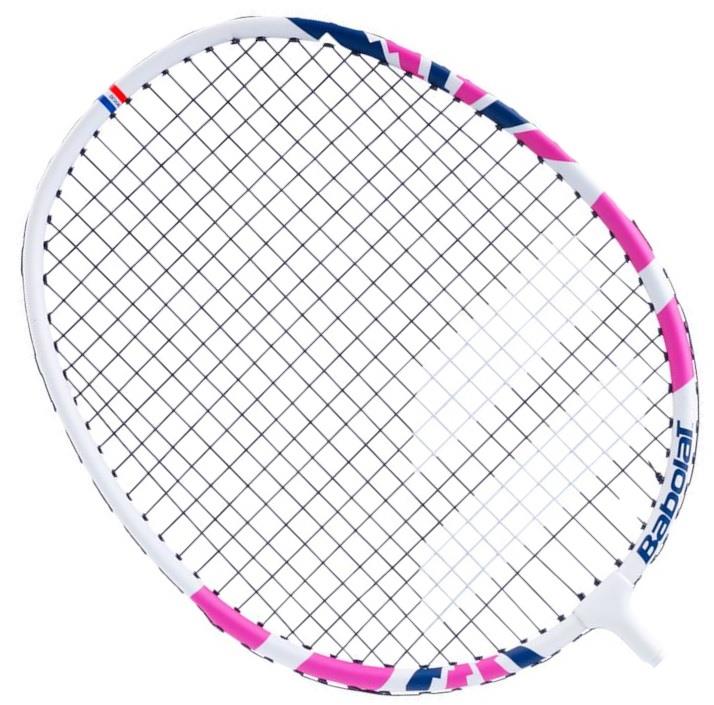 The Babolat Explorer I Badminton Racket, designed for beginner level players, boasts a white frame accented with pink and blue. It features tightly woven strings and is constructed from aluminium and steel, with the Babolat brand name prominently displayed on the side.