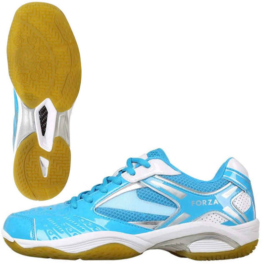 The FZ Forza Lingus V4 Blue Badminton Shoes by FZ Forza boast a pair of vibrant blue athletic shoes accentuated with white and silver detailing. They feature a reinforced toe for additional durability. The light brown, high-density PU sole is designed with a textured grip for enhanced traction. One shoe is presented from the side, while the other showcases its intricate tread pattern from the bottom view.