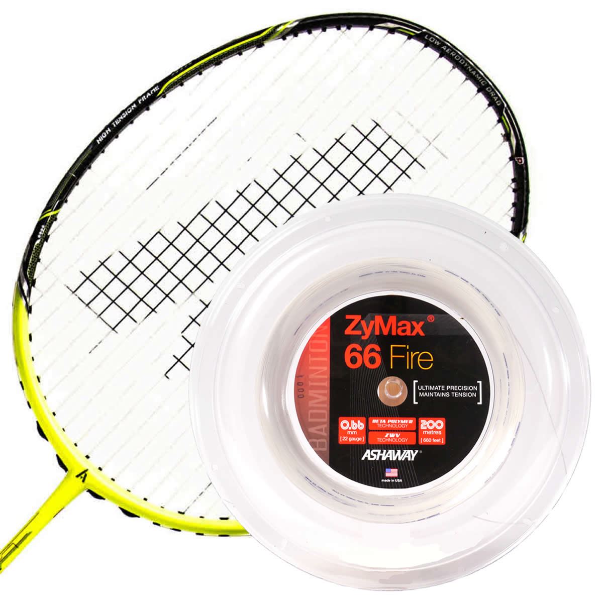 A badminton racket with a black and yellow frame is displayed next to a coil of Ashaway Zymax 66 Fire Badminton String White, which is renowned for its superior toughness and tension stability. This string features a translucent design, complete with a red and black label detailing its properties.