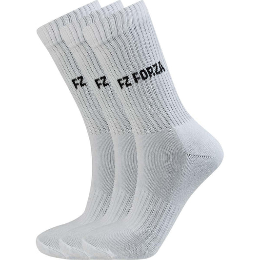 A trio of FZ Forza Comfort Long White Badminton Socks is shown, crafted for exceptional comfort both on and off the court. Each sock prominently displays "FZ FORZA" in bold black lettering near the top, set against a plain white background.