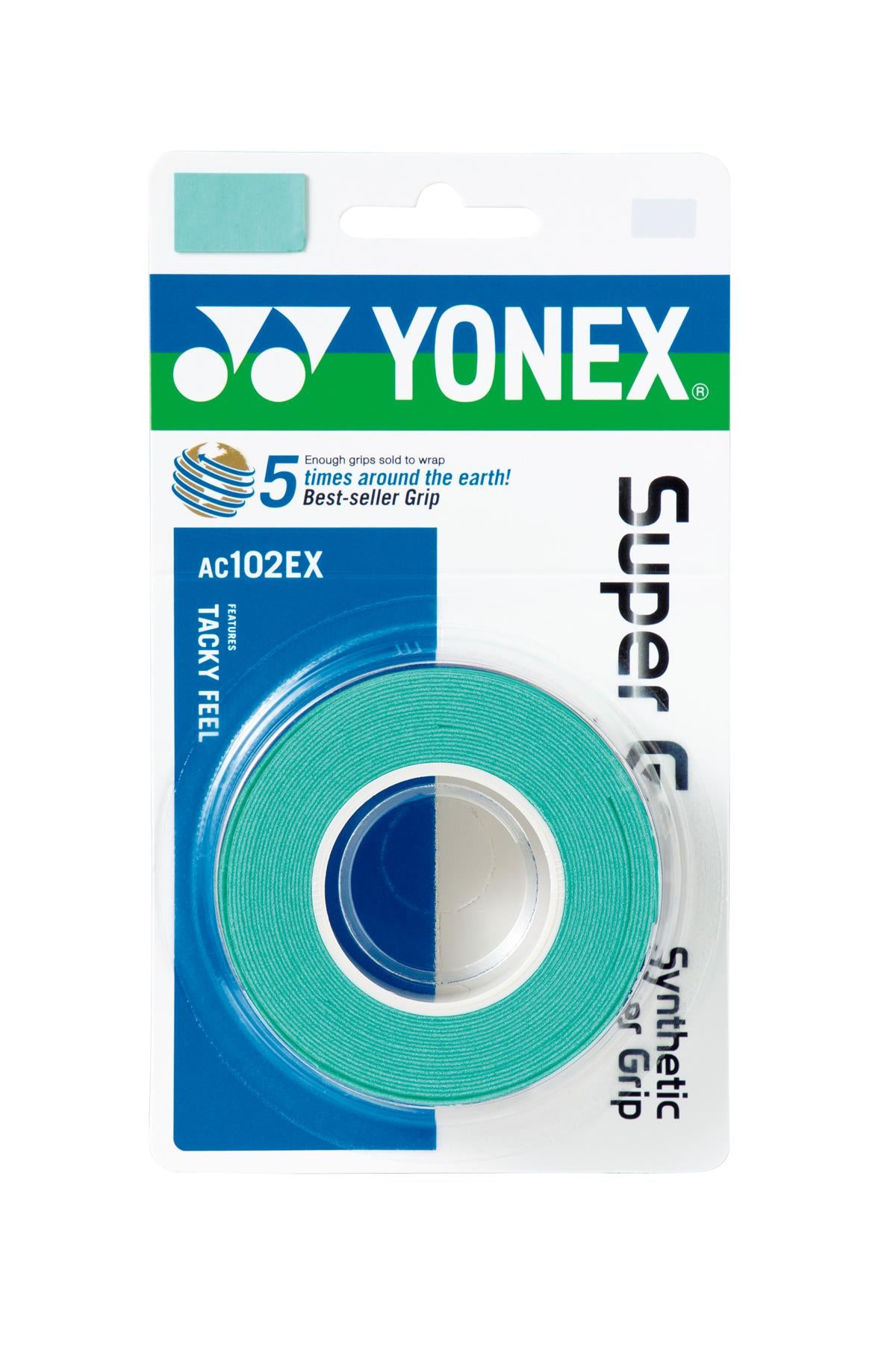 A pack of Yonex AC102EX Super Grap Badminton Overgrip in turquoise, renowned for its tacky feel and excellent sweat absorption, is a popular choice among overgrips from Yonex and can be used to wrap around the Earth five times.