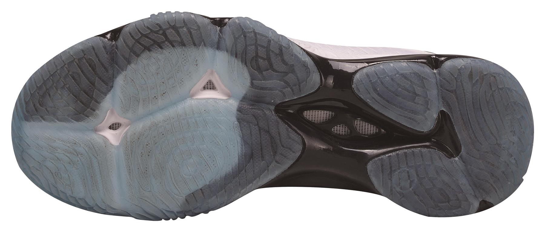 The image displays the sole of a Li-Ning Ranger 3.0 High Men's Badminton Shoe, showcasing a textured, translucent crystal outsole in light blue and black hues. It includes multiple circular grips for enhanced traction, combining style with functionality.