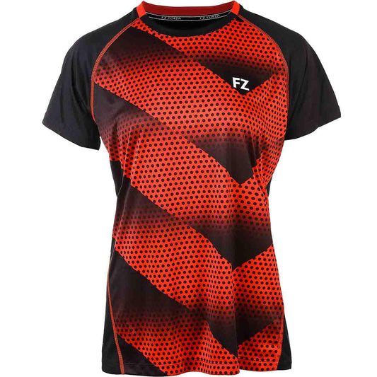 The FZ Forza Money Women's Badminton T-Shirt in Chinese Red boasts a Danish design with a black and red dotted pattern and geometric accents, perfect for badminton attire. The bold "FZ" logo is prominently displayed on the chest. Featuring short sleeves and a round neckline, this shirt utilizes Dryforze technology for enhanced comfort.