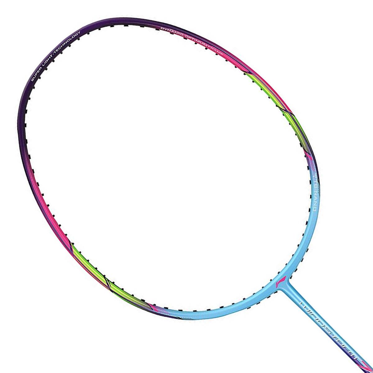 Introducing the Li-Ning Windstorm 72 Badminton Racket in Light Blue. This racket boasts a vibrant and colorful frame, effortlessly combining blue, green, pink, and purple hues. Its ultra-lightweight design is sleek and dynamic without strings, making it ideal for quick movements on the court.