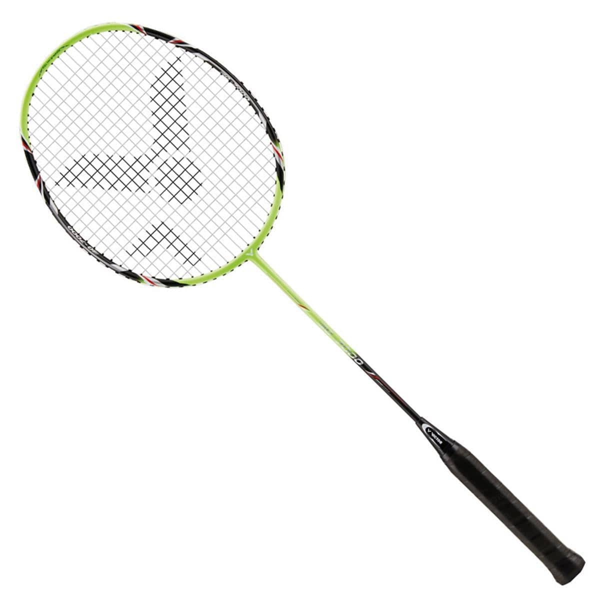 Introducing the Victor G-7000 Badminton Racket by Victor, a beginner's racket crafted entirely from carbon in vibrant green and black. This racket showcases a beautifully designed mesh string head with Ashaway Rally 21 Fire strings, complemented by a comfortable black grip handle, all displayed against a white background.