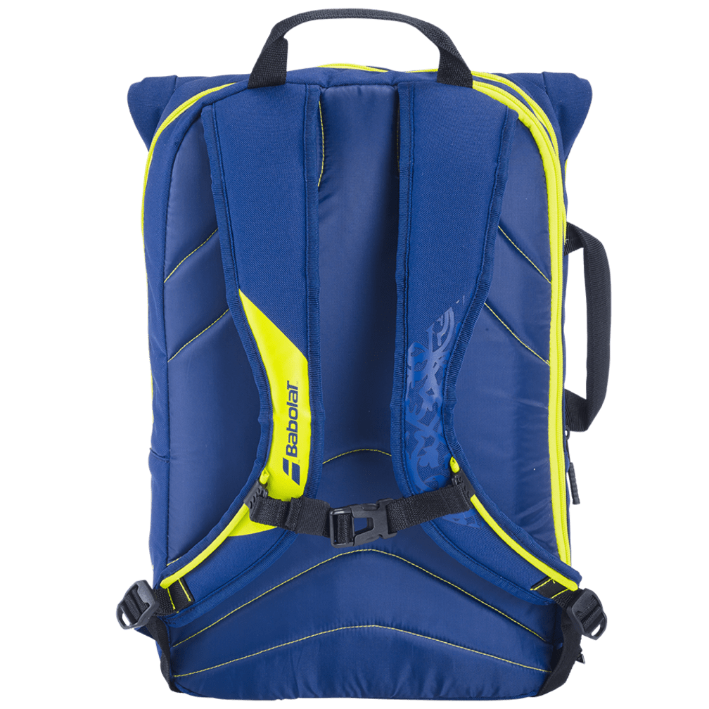 A blue and green Babolat Tournament 181 Bag equipped with adjustable shoulder straps and a top handle, featuring the Babolat brand name printed on one of the straps. This structured bag is perfect for sports or travel and can easily hold badminton rackets.