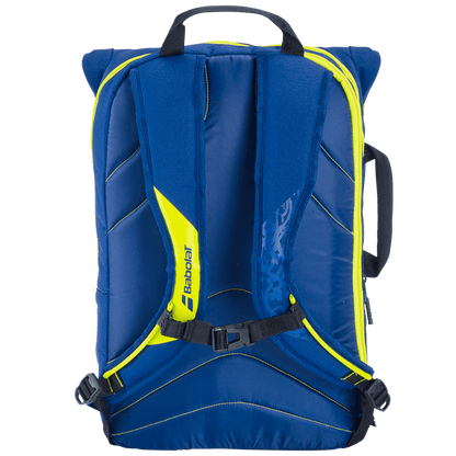 A blue and green Babolat Tournament 181 Bag equipped with adjustable shoulder straps and a top handle, featuring the Babolat brand name printed on one of the straps. This structured bag is perfect for sports or travel and can easily hold badminton rackets.