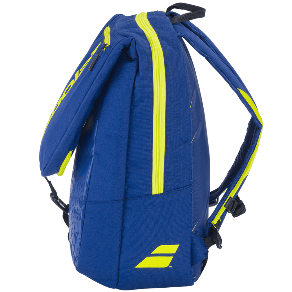 Side view of the Babolat Tournament 181 Bag in blue and green, featuring neon yellow zippers and accents reminiscent of the brand's signature style. The bag comes with adjustable shoulder straps and a visible Babolat logo. Its sleek, modern design makes it ideal for everyday use and convenient for carrying badminton rackets.