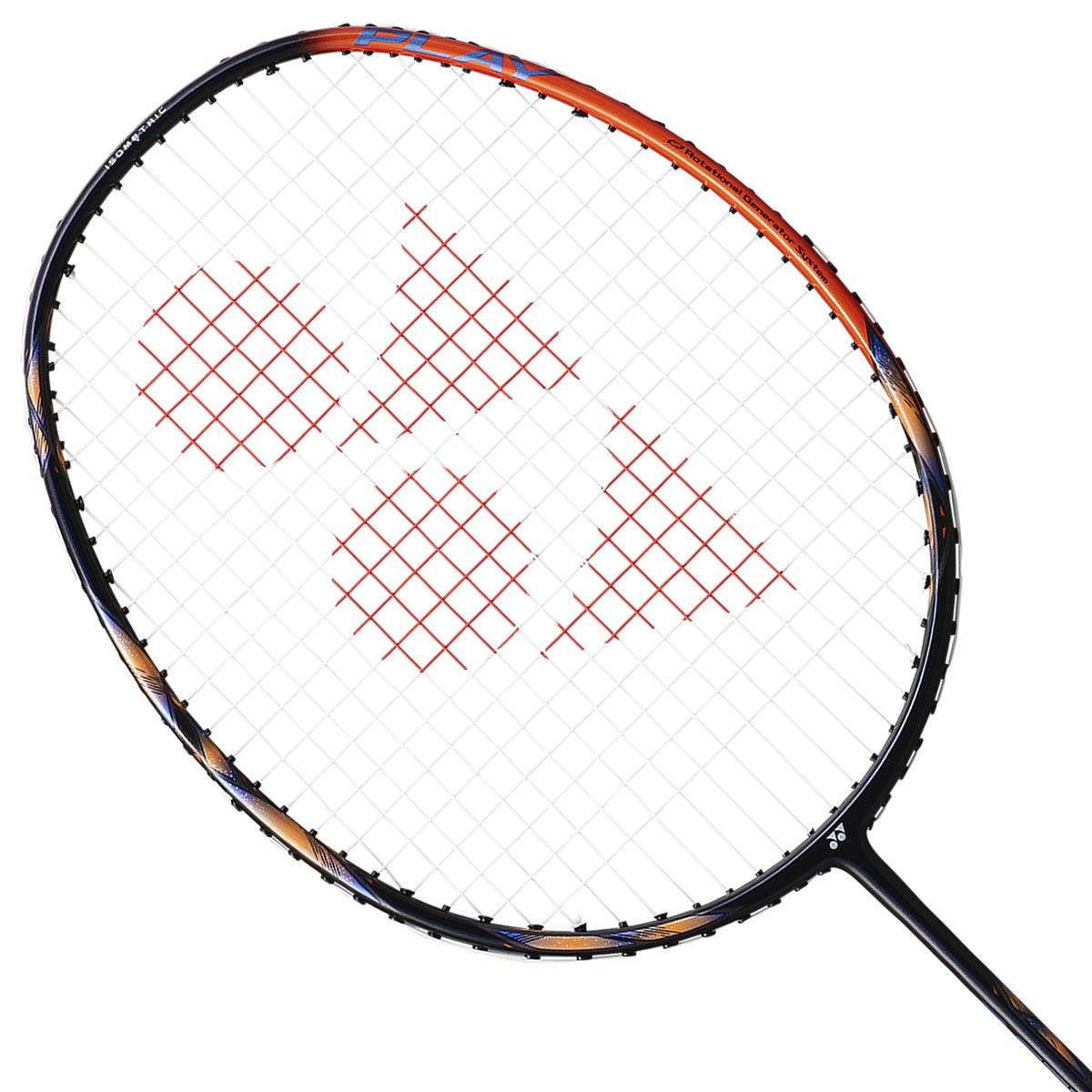 The Yonex Astrox 77 Play 4U High Orange badminton racket boasts a sleek black frame accented with vibrant orange details. Constructed from graphite and featuring ISOMETRIC technology, its white strings showcase a distinctive red triangular pattern against a plain white background, creating a striking visual contrast.