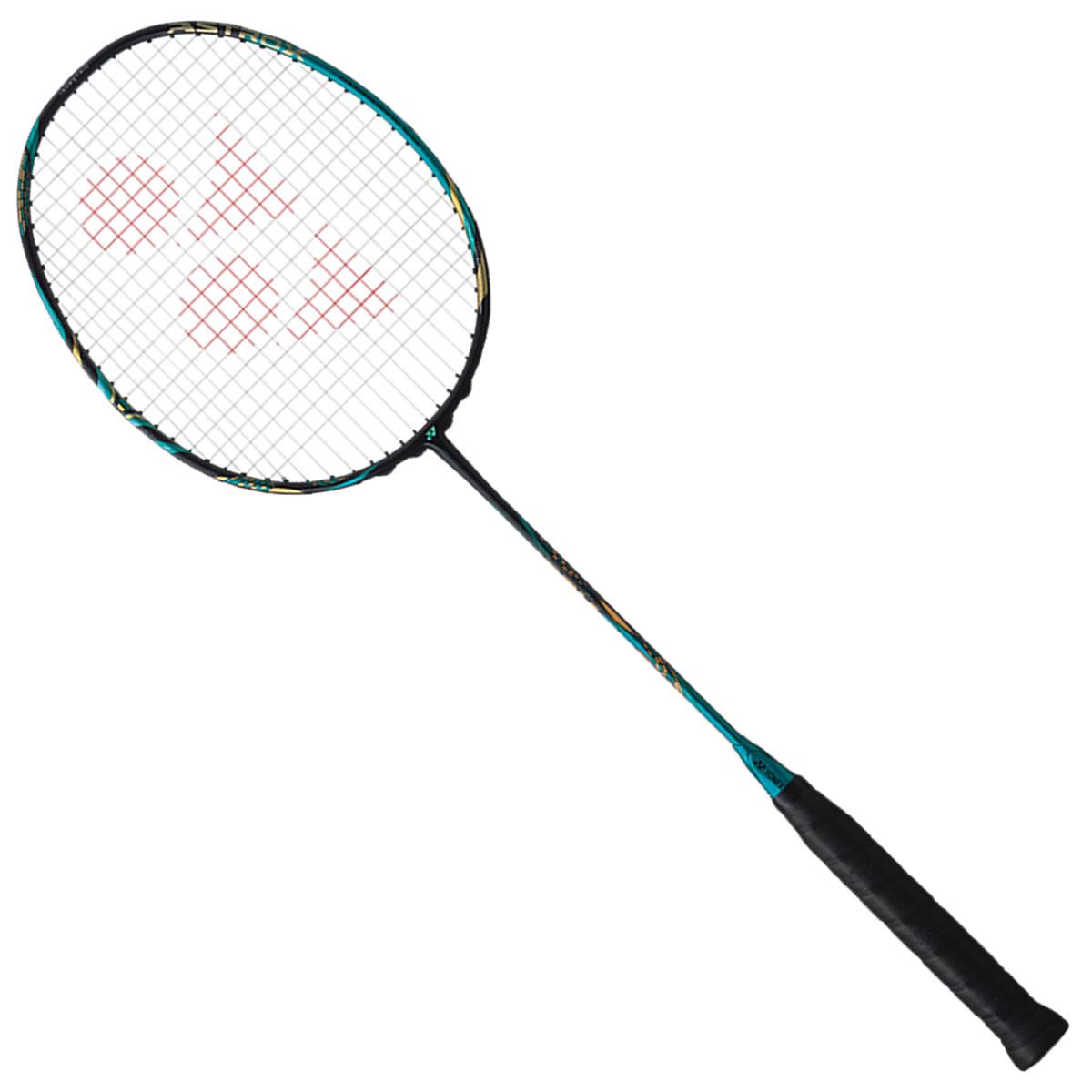 The Yonex Astrox 88S Play Badminton Racket in Emerald Blue is crafted from graphite and features a sleek design with a dark handle, teal frame, and red markings on the strings, making it an excellent choice for beginner and intermediate players.