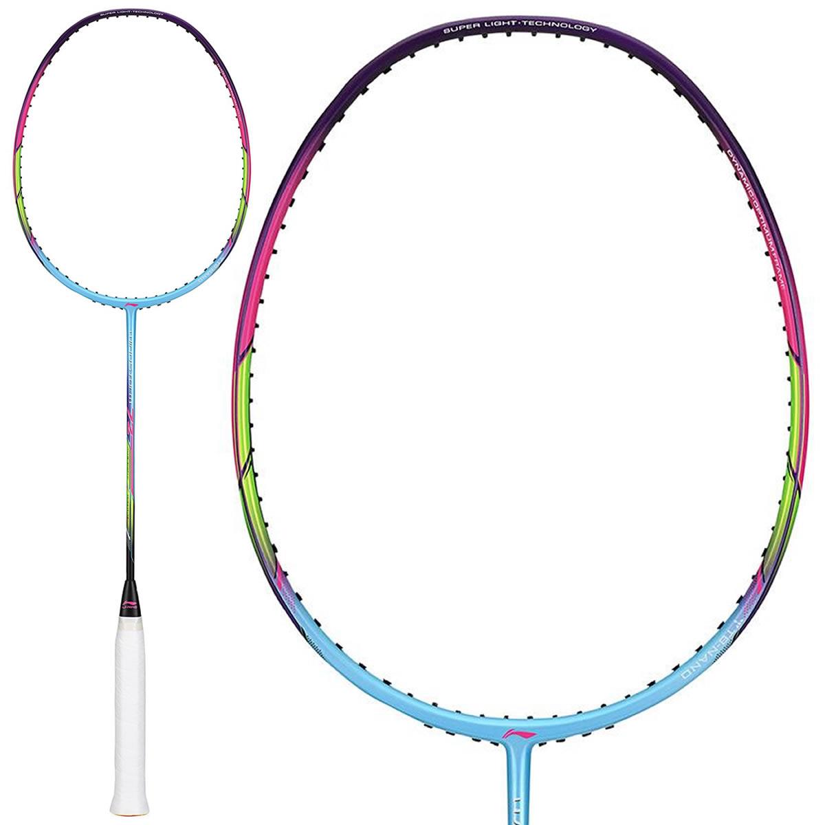 The Li-Ning Windstorm 72 Badminton Racket - Light Blue features a multicolored frame in blue, purple, pink, and green shades. Boasting a head-heavy balance and ultra-lightweight construction, the white handle enhances its elegant design, with a close-up of the racket's head in the background.