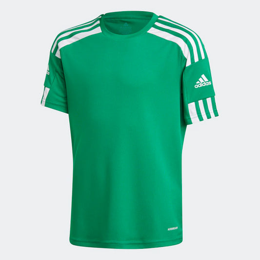 The Adidas Squadra 21 Mens Jersey T-Shirt in green, from adidas, features short sleeves with iconic white shoulder stripes and an Adidas logo on the left sleeve. It is designed with Aeroready Technology for enhanced comfort and performance.