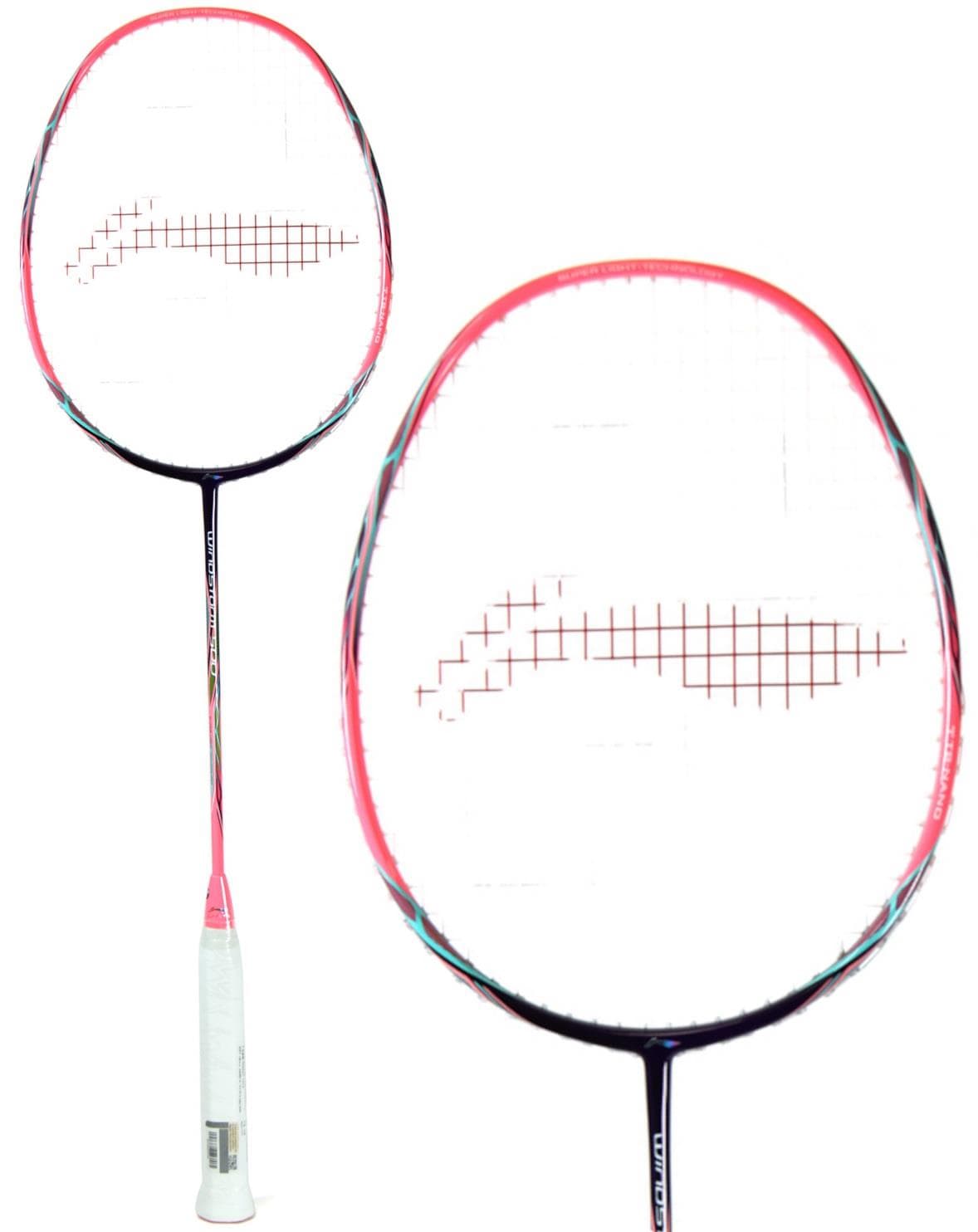 The image shows a pair of Li-Ning Windstorm 500 Badminton Rackets in pink and purple. These rackets feature slim handles, wrapped with white grips, and the strings form a grid pattern within their oval frames to boost power production and are engineered for speed.