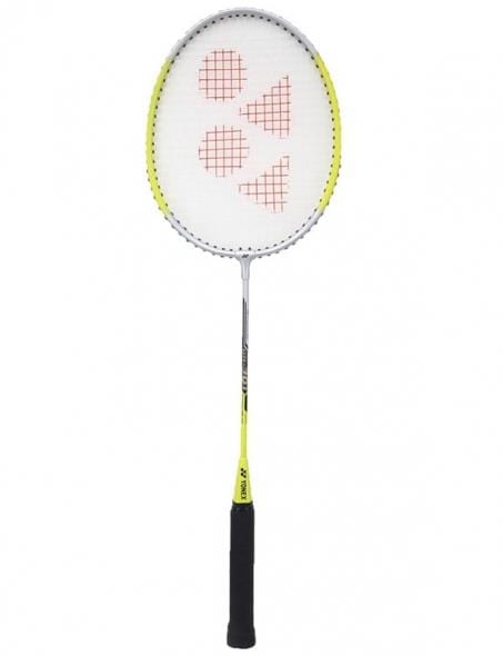 The Yonex GR202 - 20 Badminton Racket Set includes a racket with a yellow and gray shaft and a black handle, featuring strings arranged in triangular patterns.